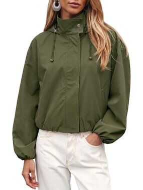 Women Green Polyester Stand Collar Hooded Long Sleeve Elastic Cuff Bomber Jacket